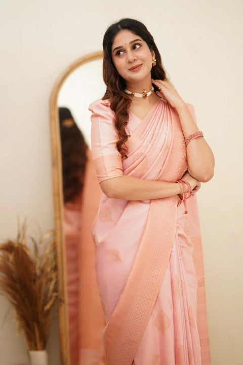 Peach Silk Saree with Subtle Zari Border