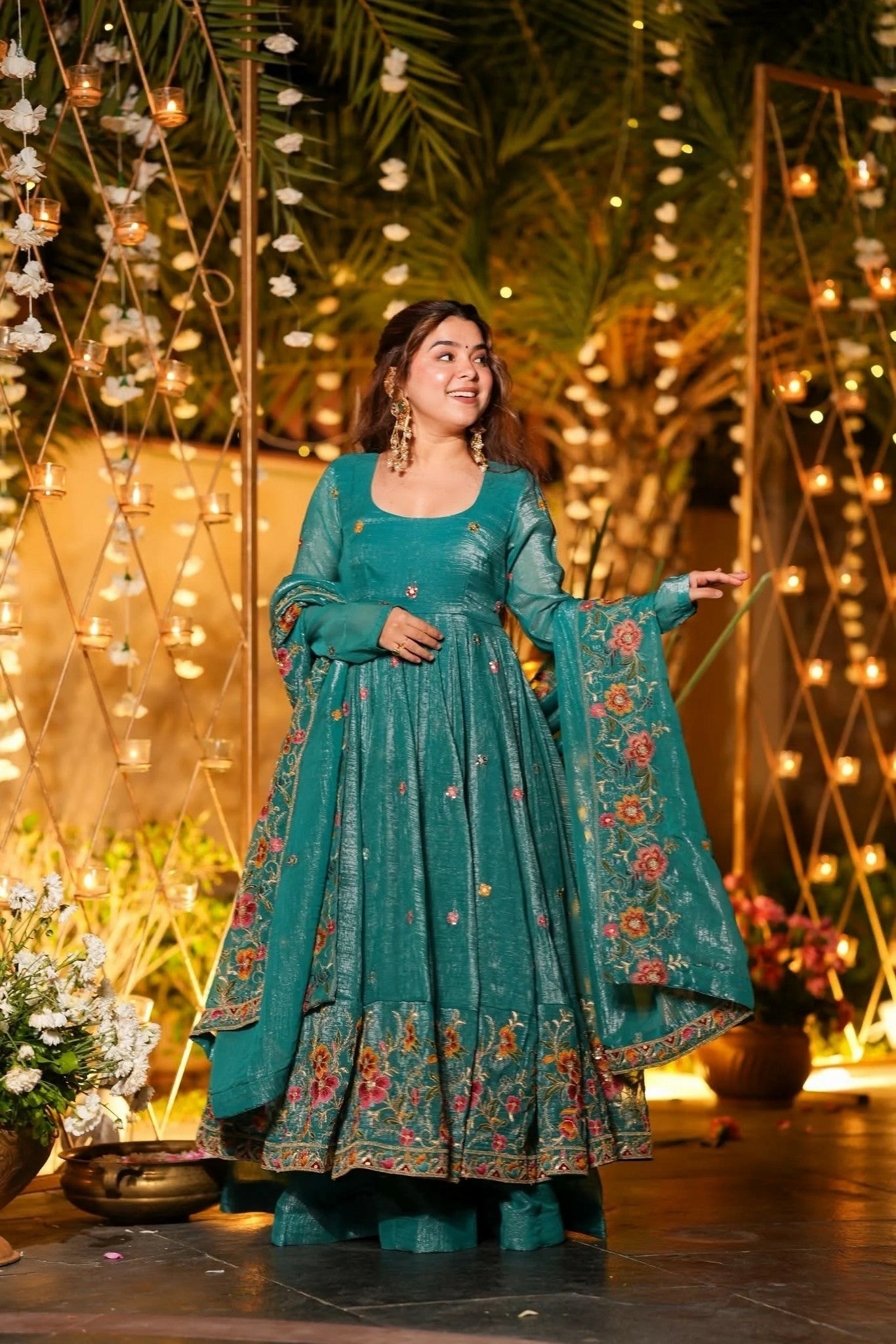 Designer Floral Threadwork Embroidered Anarkali Suit Set with Flared Bottom & Matching Scalloped Dupatta for Women