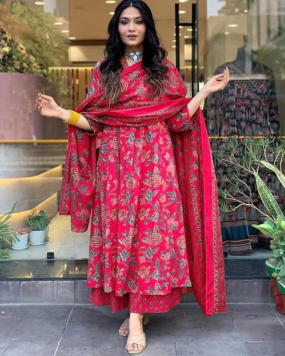 Rosé Radiance – Pink Floral Polyester Kurta Set with Dupatta