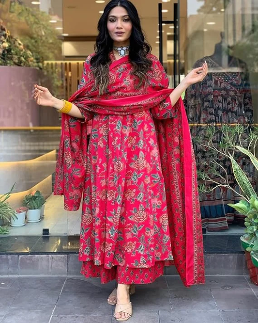 Rosé Radiance – Pink Floral Polyester Kurta Set with Dupatta