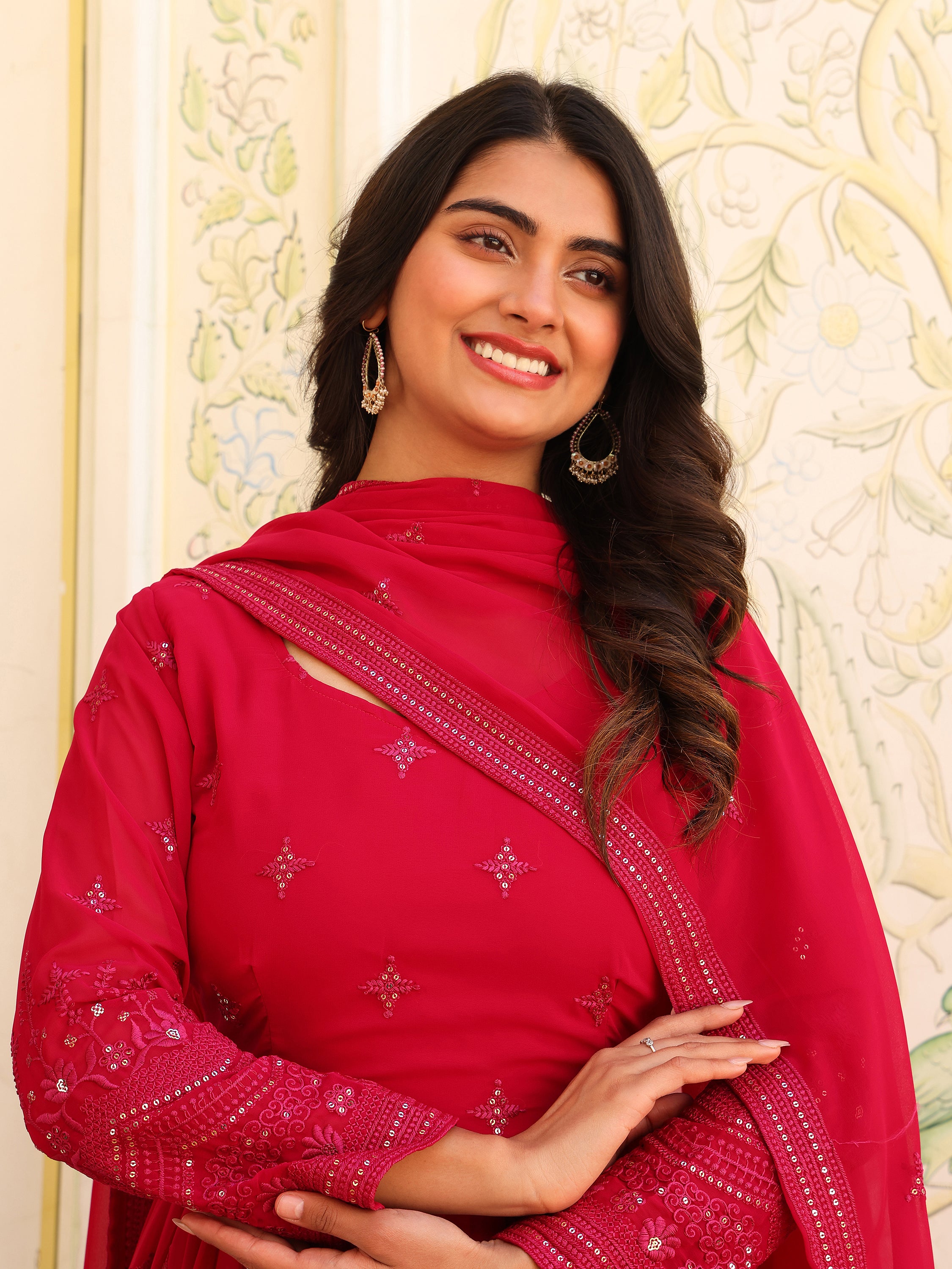 Cherry Pink Anarkali Kurti with Dupatta for Women