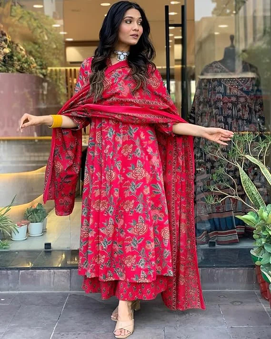 Stylish Red Floral Printed Kurti with Dupatta
