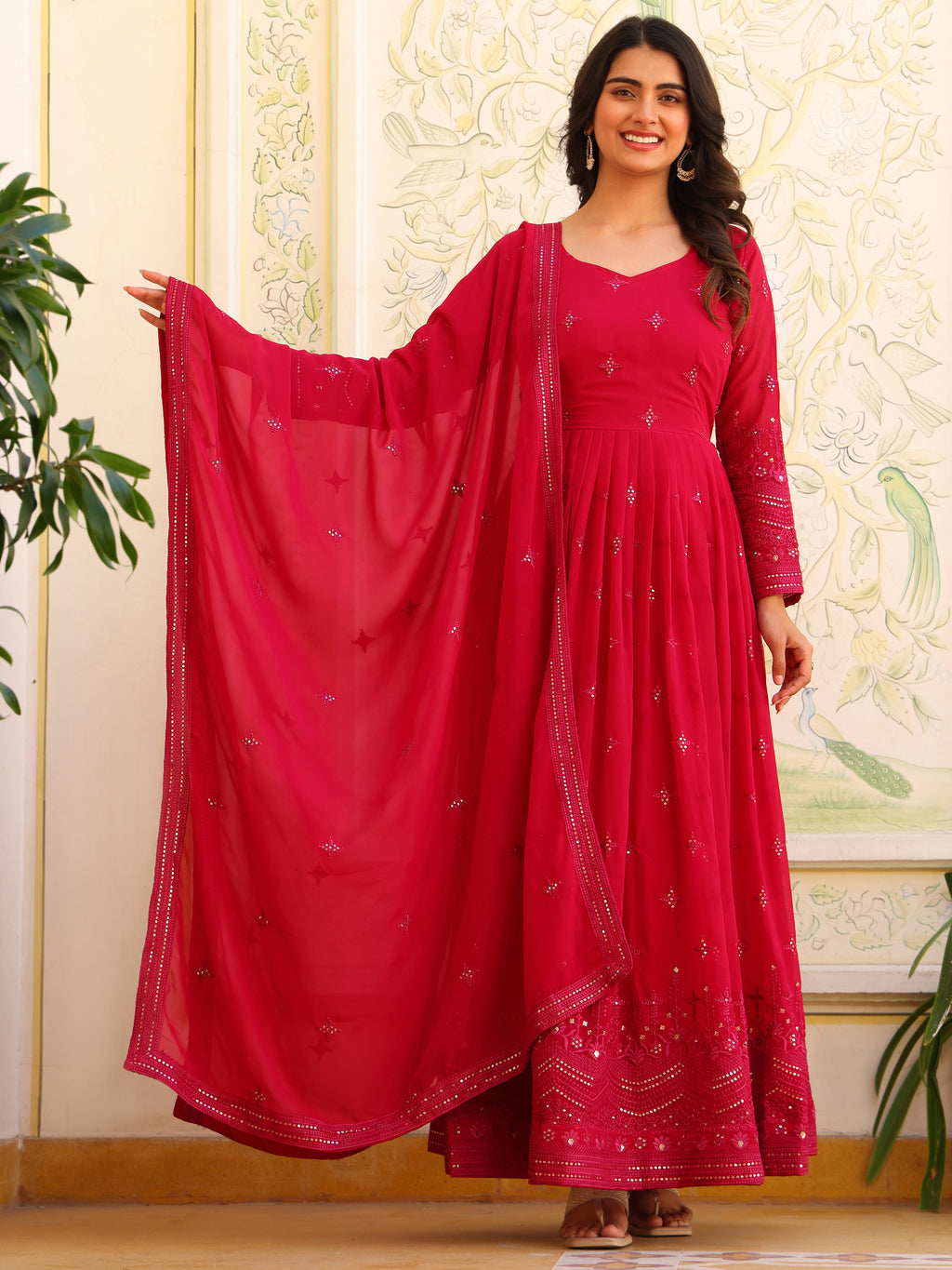 Cherry Pink Anarkali Kurti with Dupatta for Women