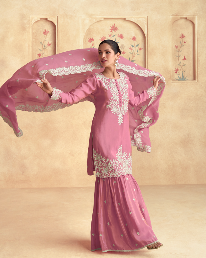 Pink Embroidered Kurta Sharara Set with Dupatta