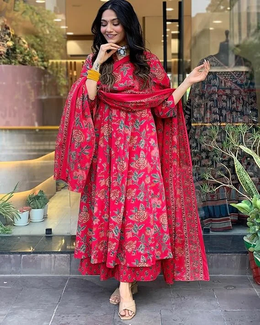 Rosé Radiance – Pink Floral Polyester Kurta Set with Dupatta