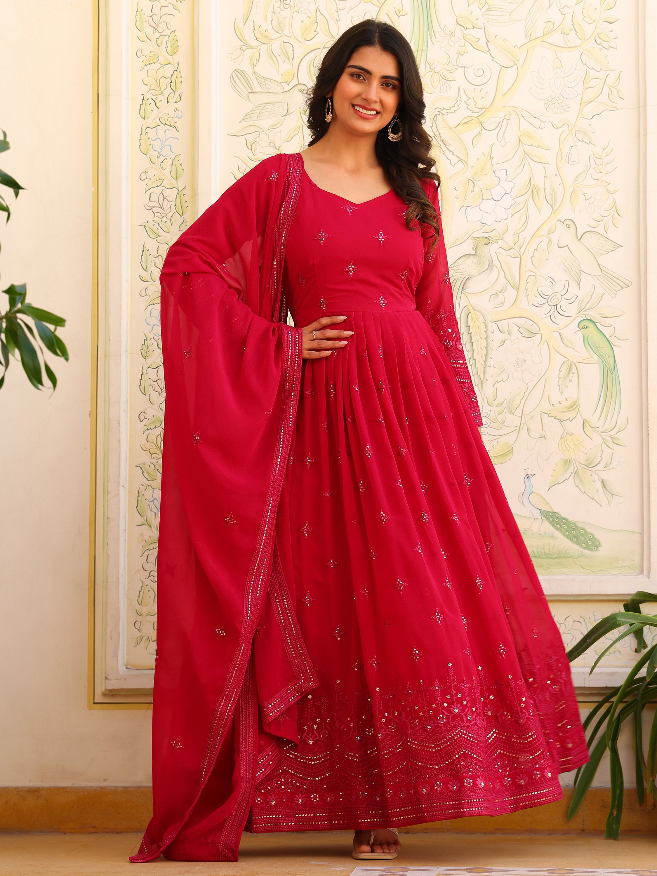 Cherry Pink Anarkali Kurti with Dupatta for Women