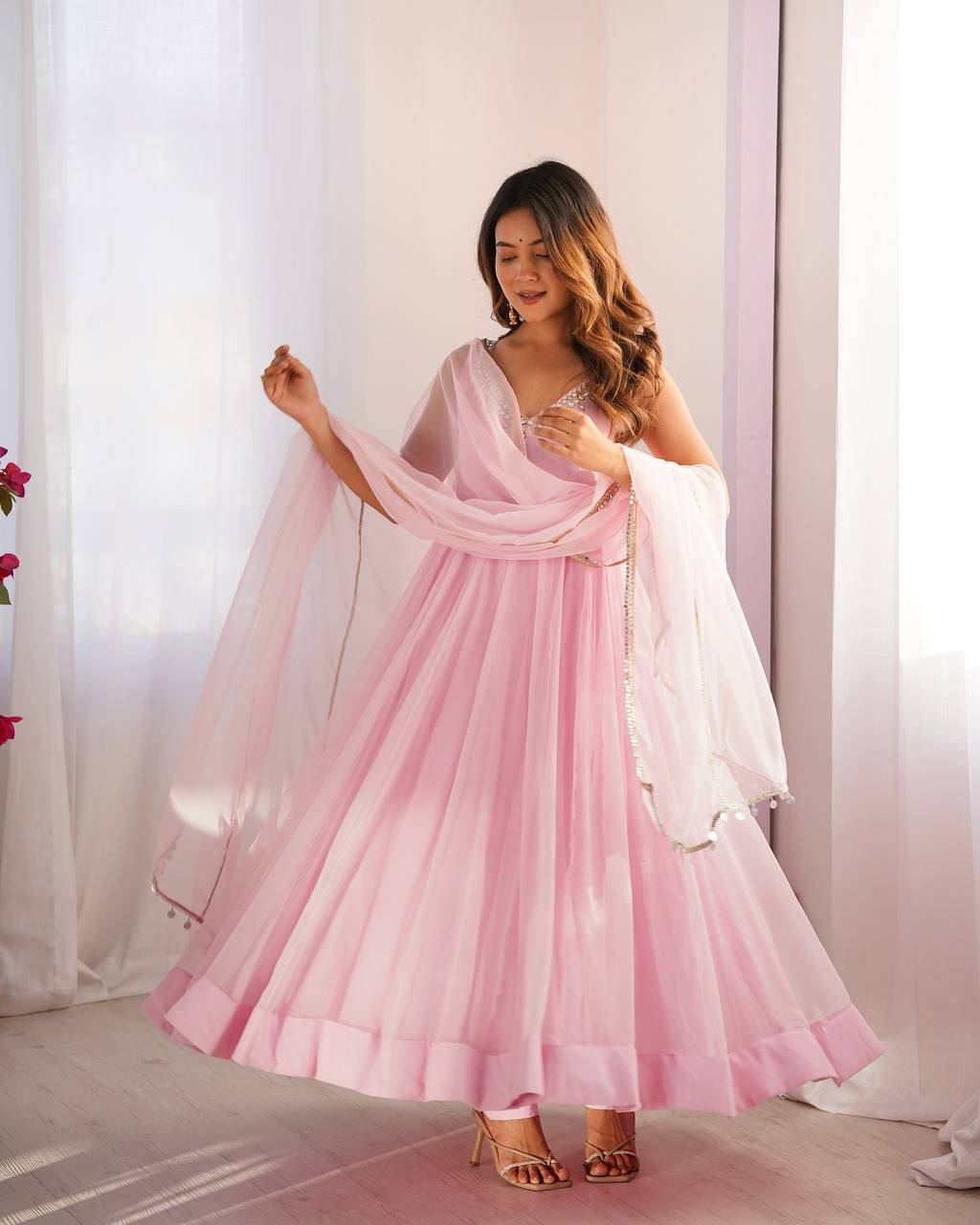 Pink Anarkali Gown for Women with Dupatta 