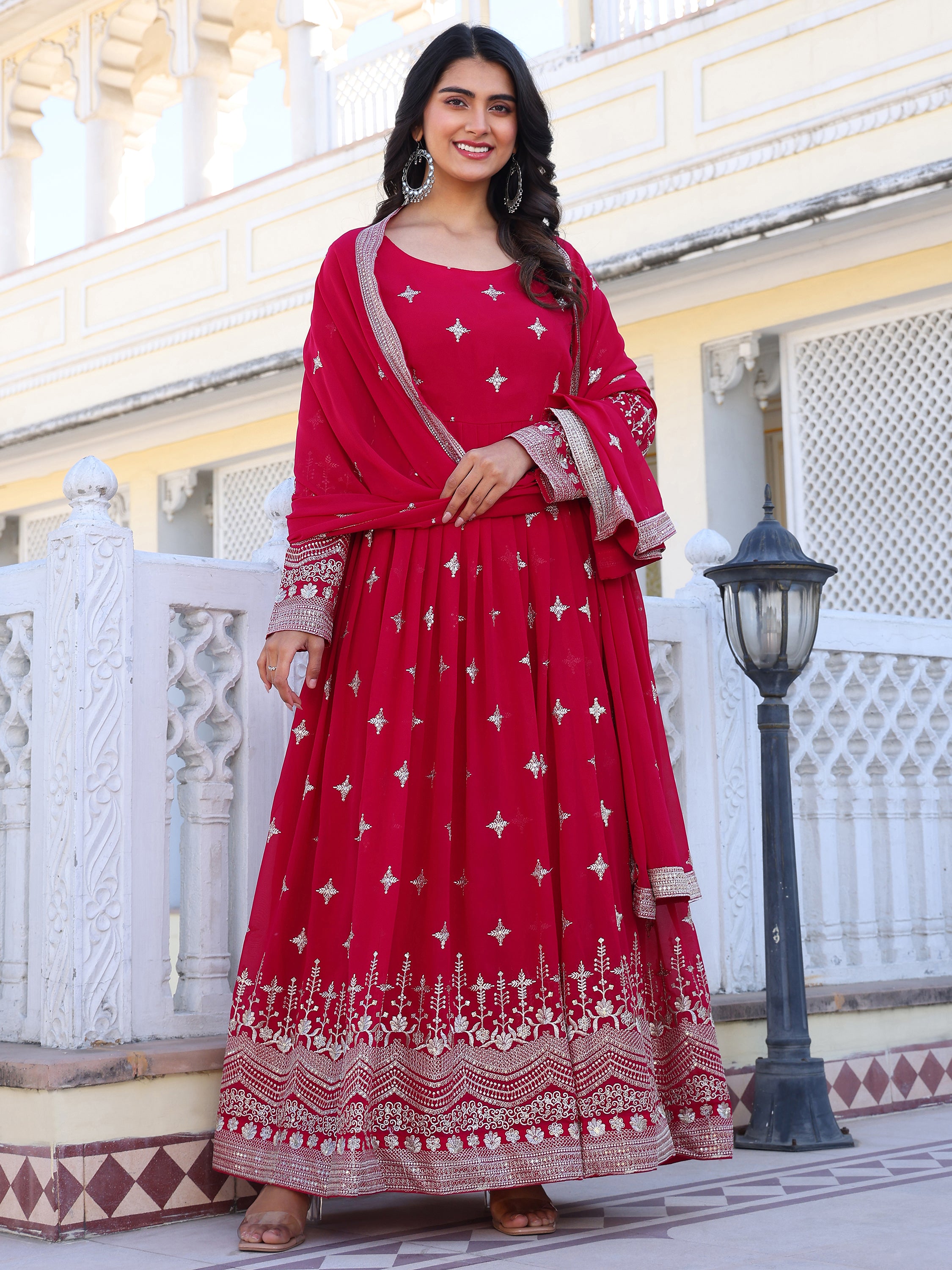 Pink Embroidered Anarkali Kurti with Dupatta for Women