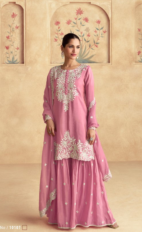 Pink Embroidered Kurta Sharara Set with Dupatta