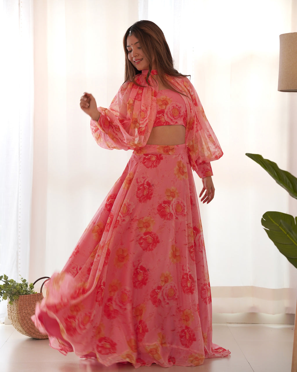 Pink Floral Designer Lehenga Choli for Women with Printed Blouse and Flowy Skirt