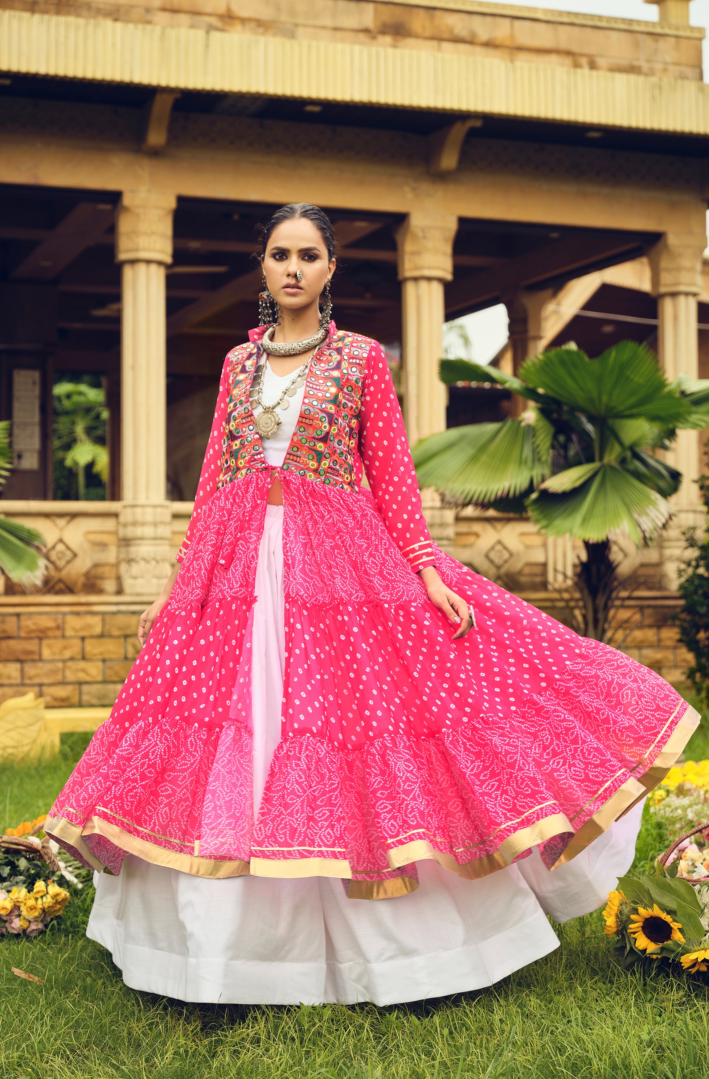 Pink Lehenga Set with Multicolor Embroidered Jacket