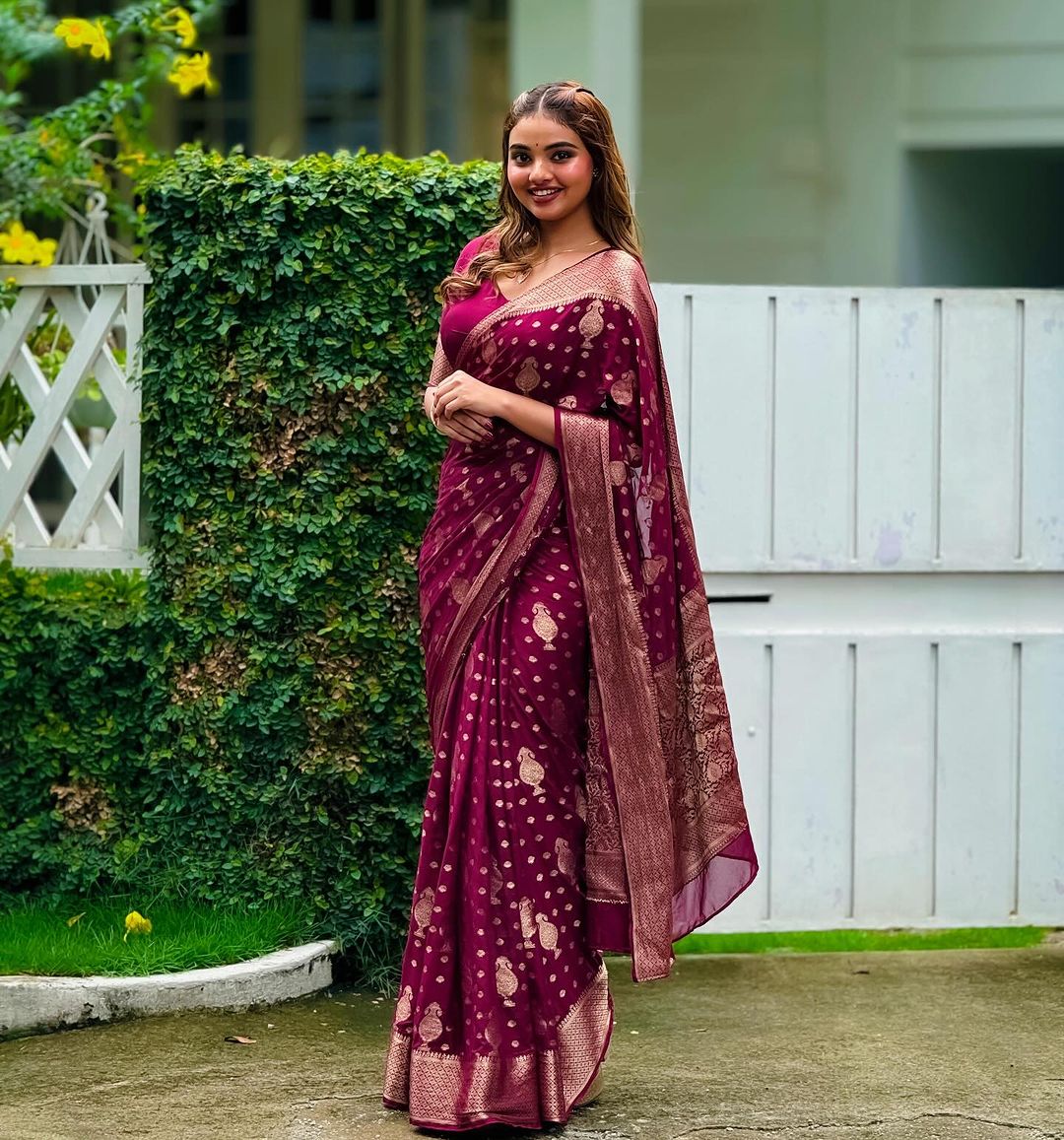 Pink Silk Saree with Gold Zari Butta
