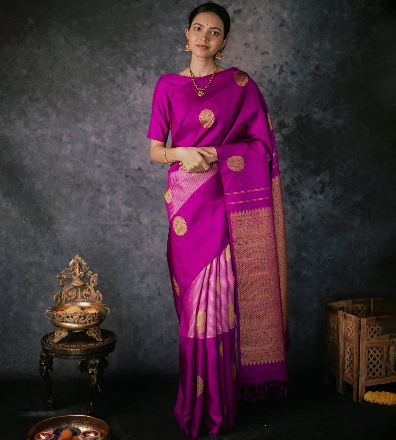 Pink Silk Saree with Gold Zari Work