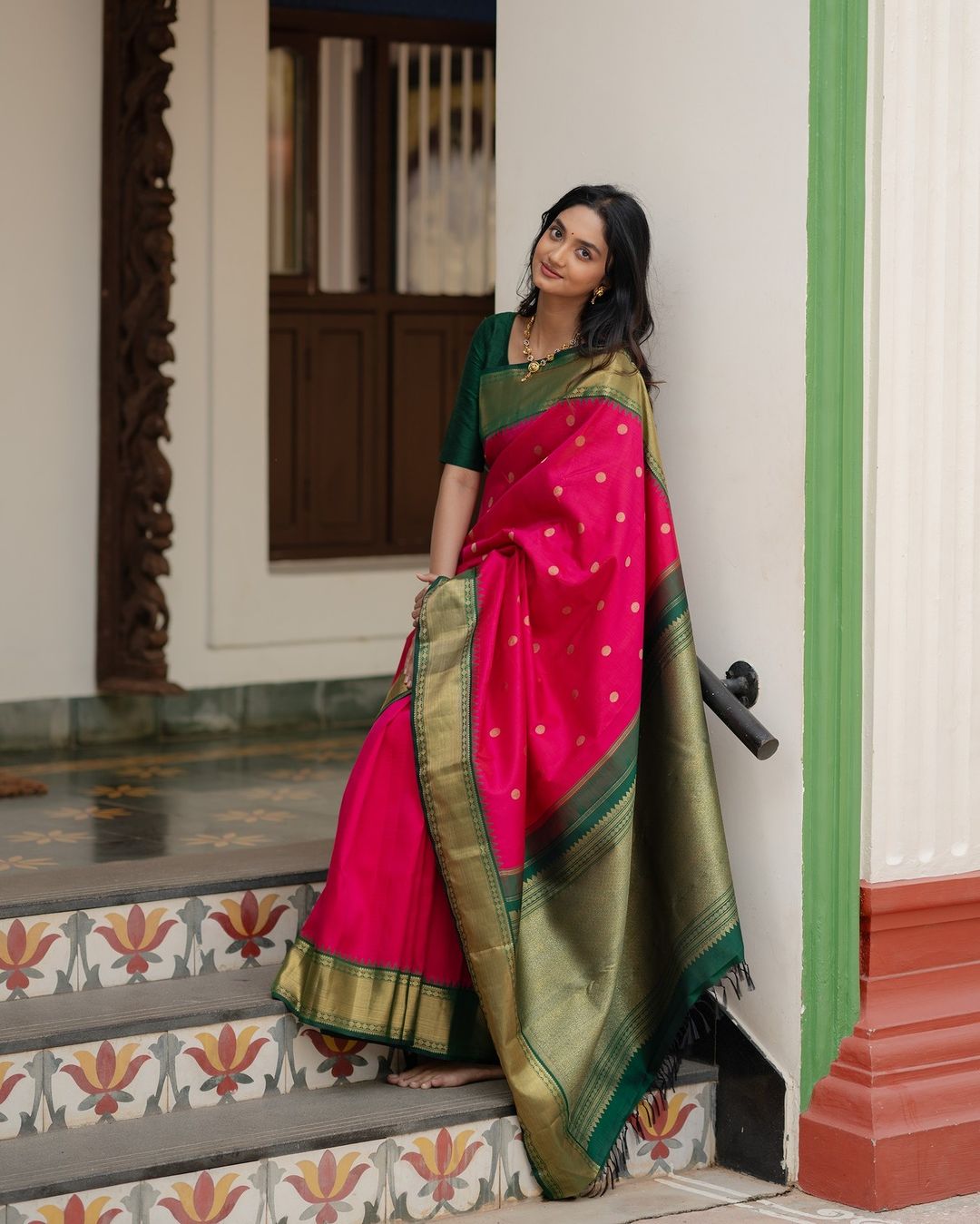 Pink Silk Saree with Green & Gold Border