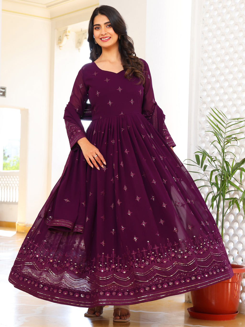 Plum Purple Anarkali Kurti with Dupatta for Women