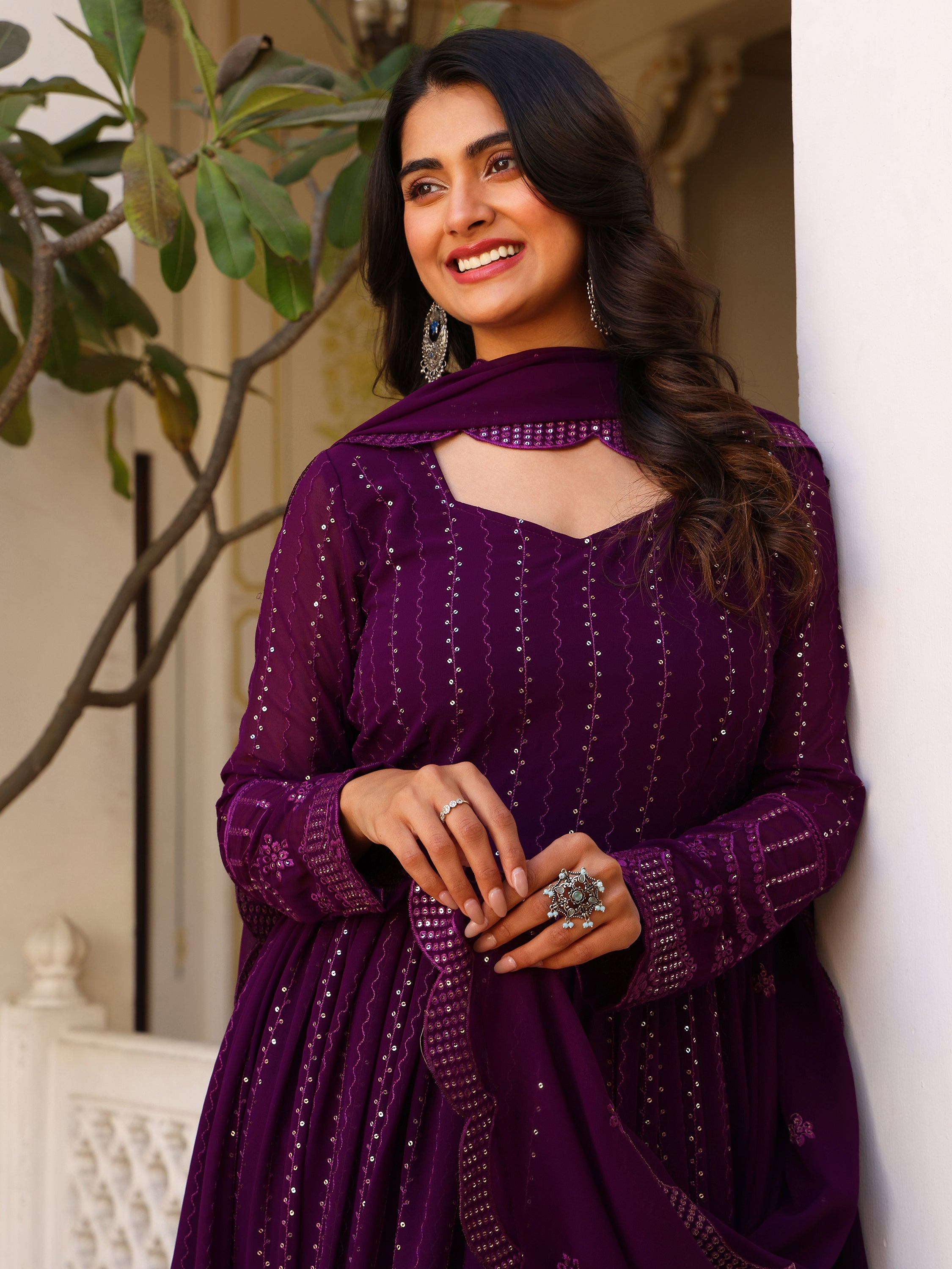 Purple Embroidered Anarkali Kurta Set for Women