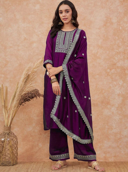 Elegant Purple Embroidered Kurta Set with Sheer Dupatta