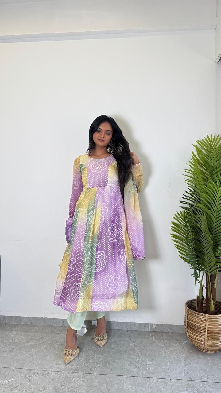 Pastel Printed Anarkali Kurta Set for Women