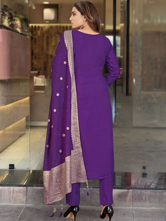 Elegant Royal Purple Silk Suit with Banarasi Dupatta