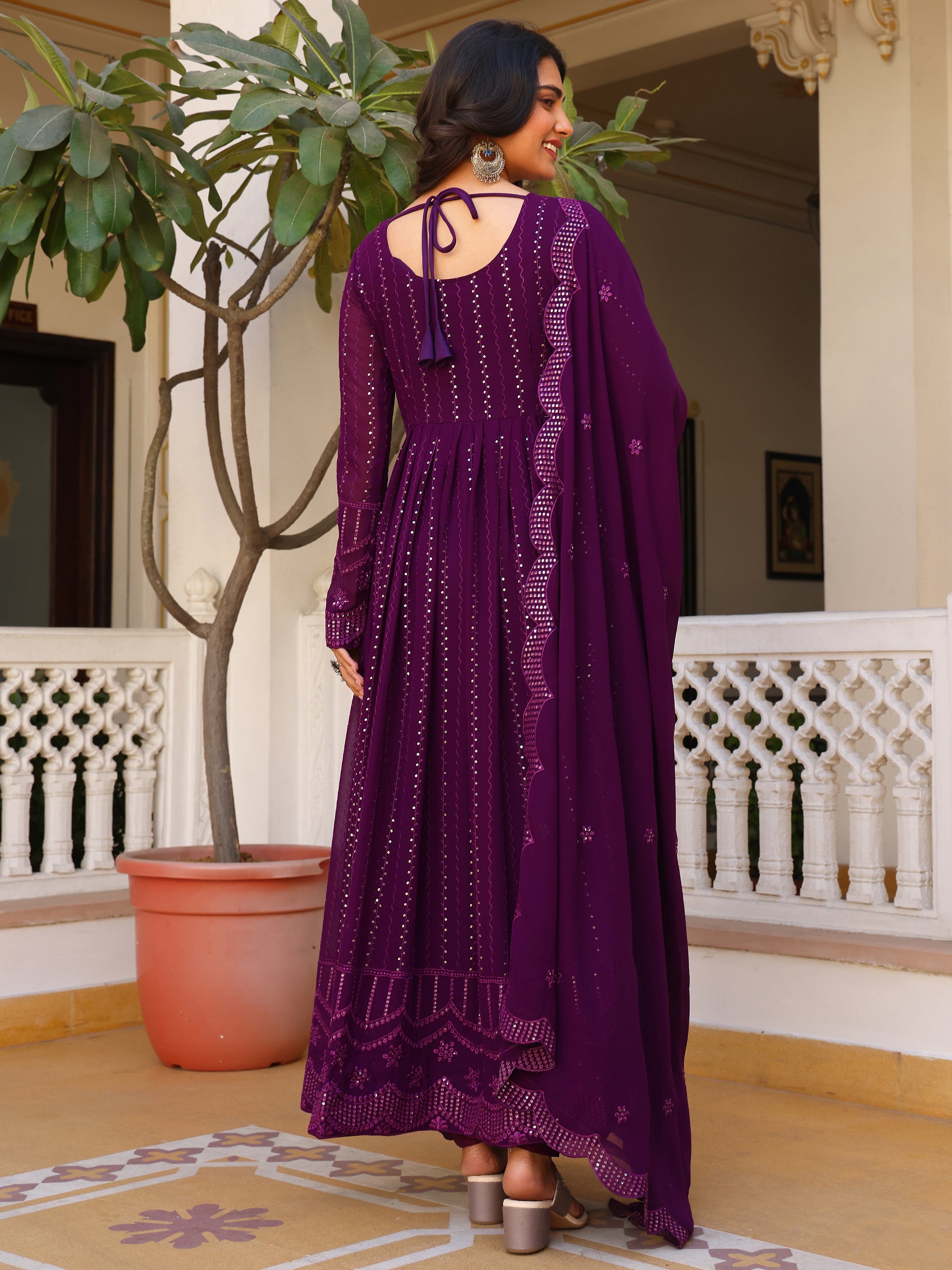 Purple Embroidered Anarkali Kurta Set for Women