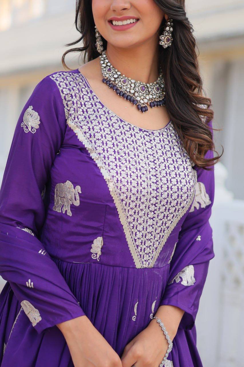 Georgette Party Wear Purple Gown With Dupatta