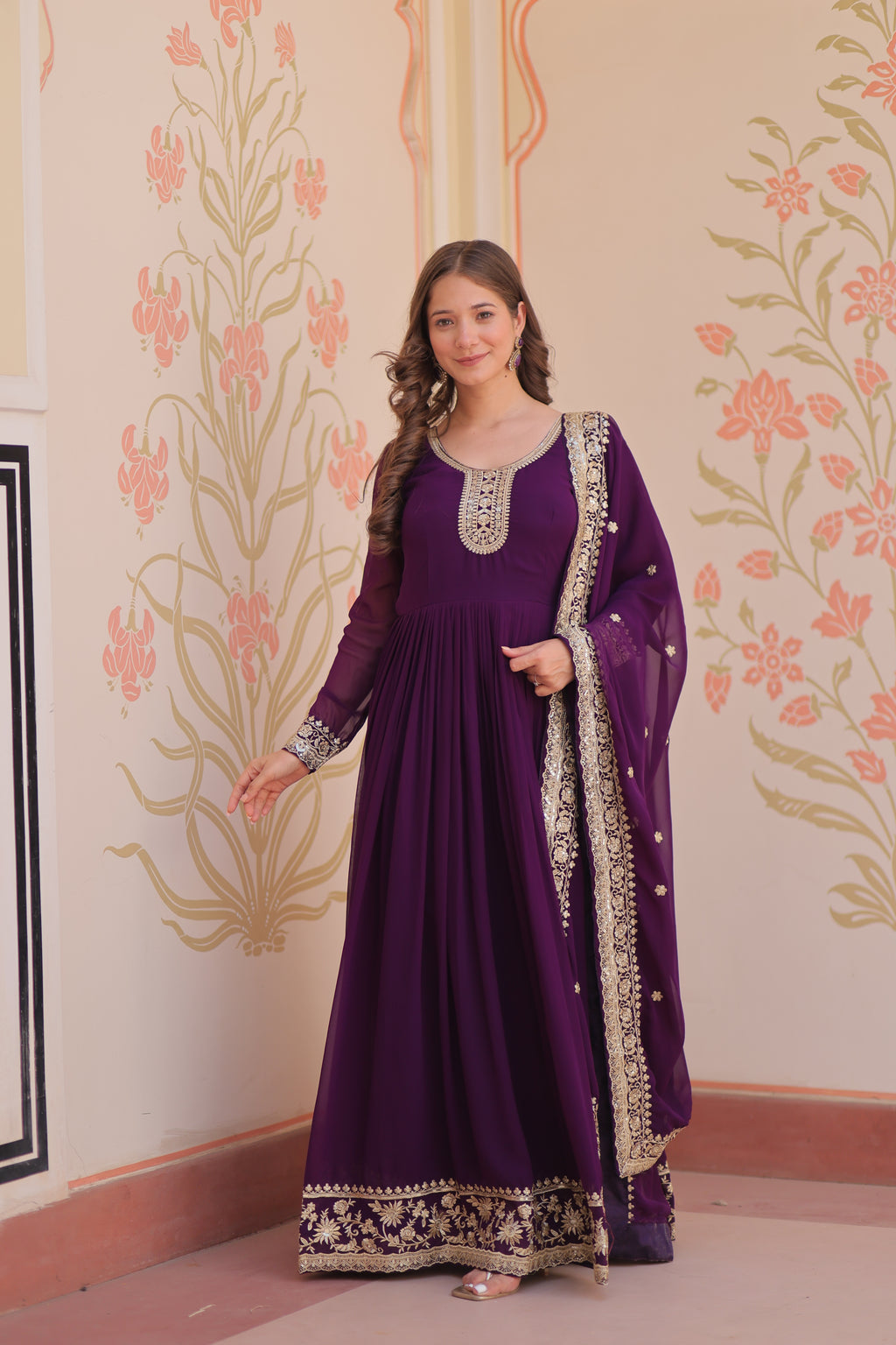 Royal Purple Anarkali Kurta Set with Heavy Embroidered Dupatta for Women