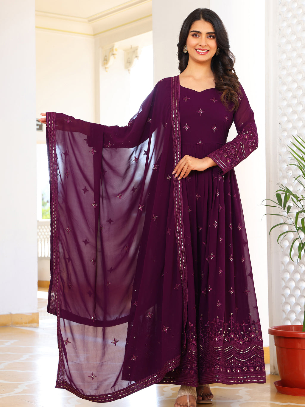 Plum Purple Anarkali Kurti with Dupatta for Women