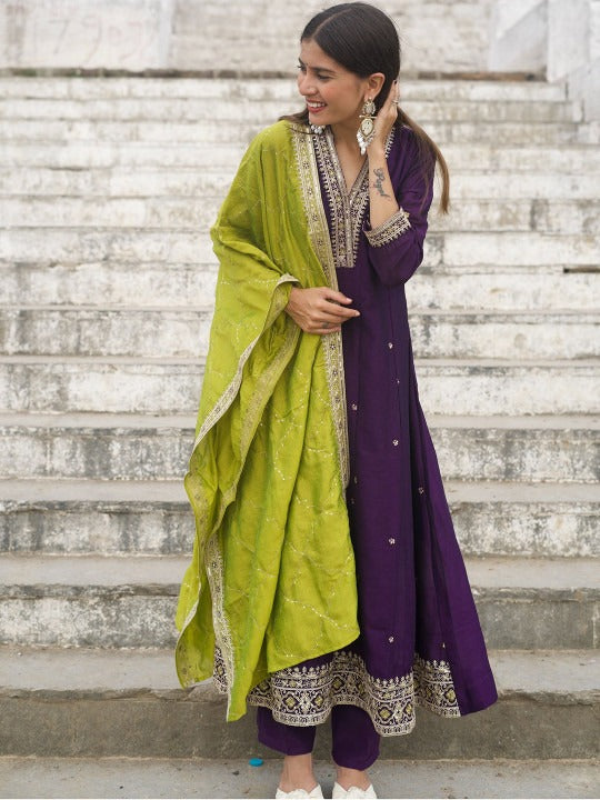 Purple Embroidered Anarkali Kurta Set with Lime Green Dupatta