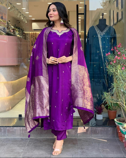 Elegant Royal Purple Silk Suit with Banarasi Dupatta