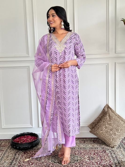 Elegant Purple Chevron Kurta Set with Embroidered Dupatta