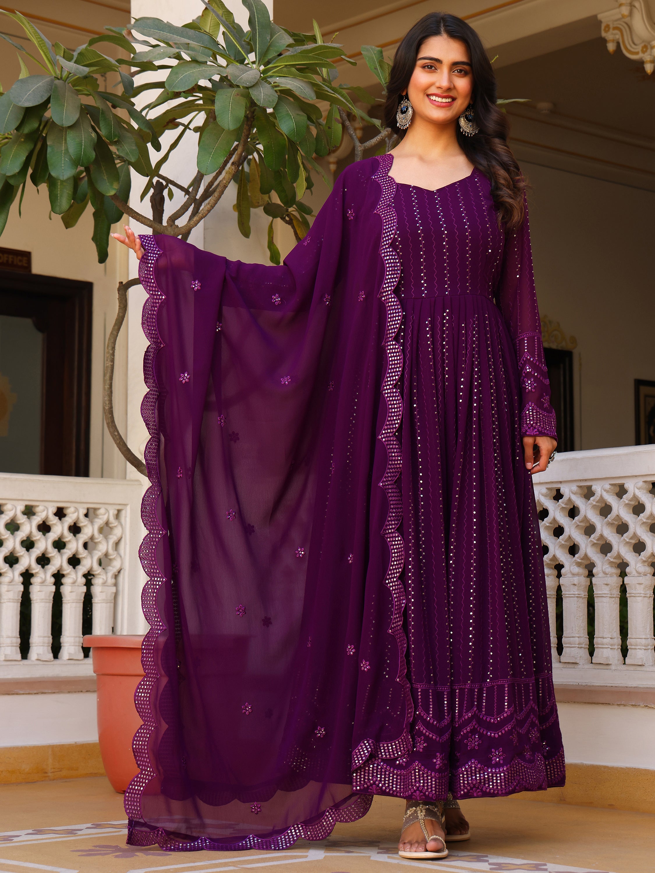 Purple Embroidered Anarkali Kurta Set for Women
