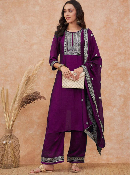 Elegant Purple Embroidered Kurta Set with Sheer Dupatta