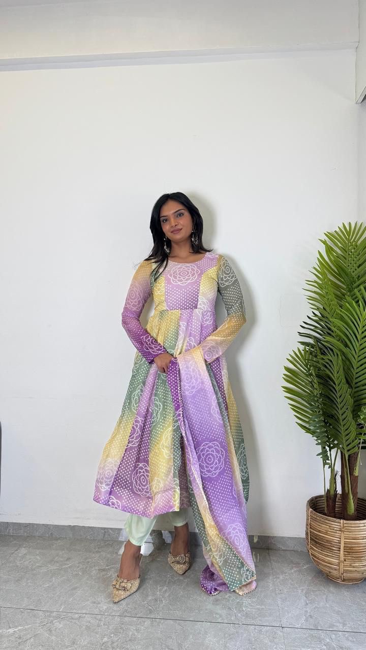Pastel Printed Anarkali Kurta Set for Women