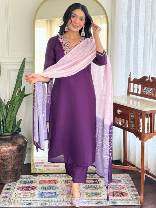 Elegant Purple Embroidered Kurta Set with Pink Dupatta
