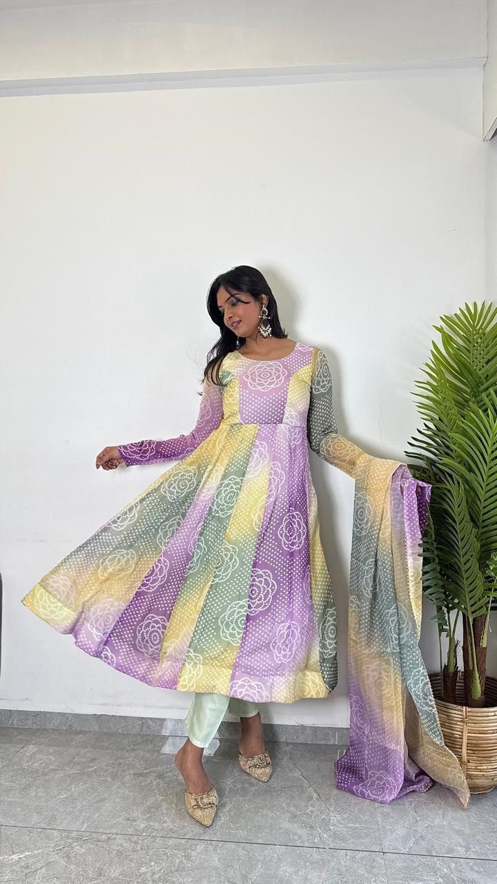 Pastel Printed Anarkali Kurta Set for Women