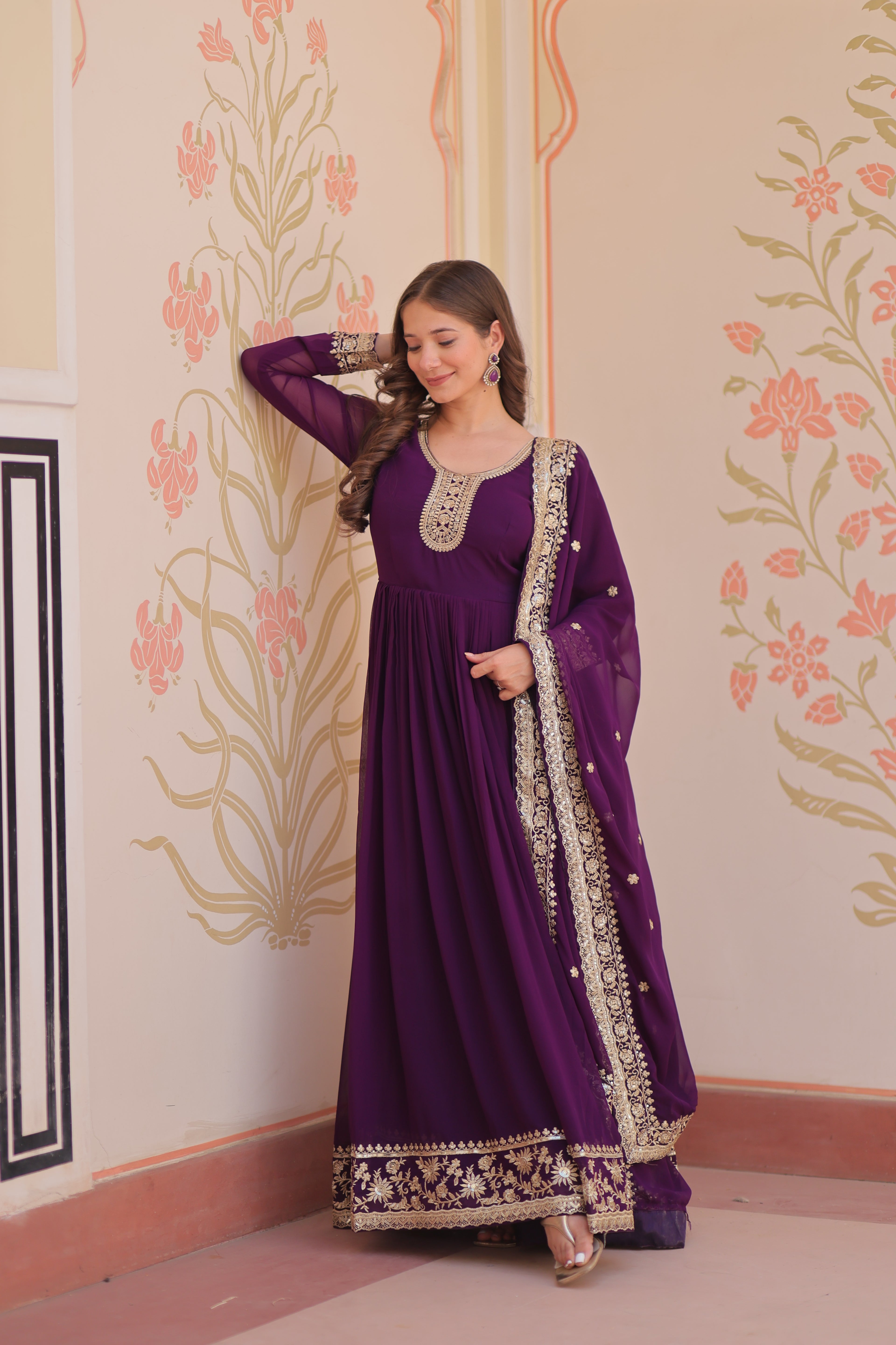 Royal Purple Anarkali Kurta Set with Heavy Embroidered Dupatta for Women