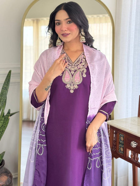 Elegant Purple Embroidered Kurta Set with Pink Dupatta