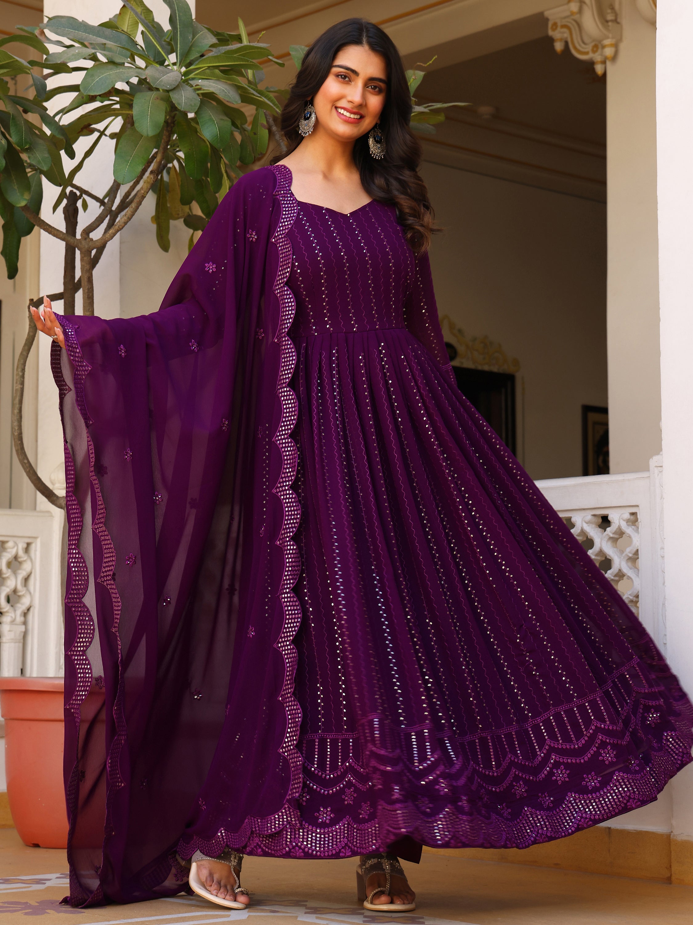Purple Embroidered Anarkali Kurta Set for Women