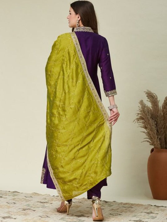 Purple Embroidered Anarkali Kurta Set with Lime Green Dupatta