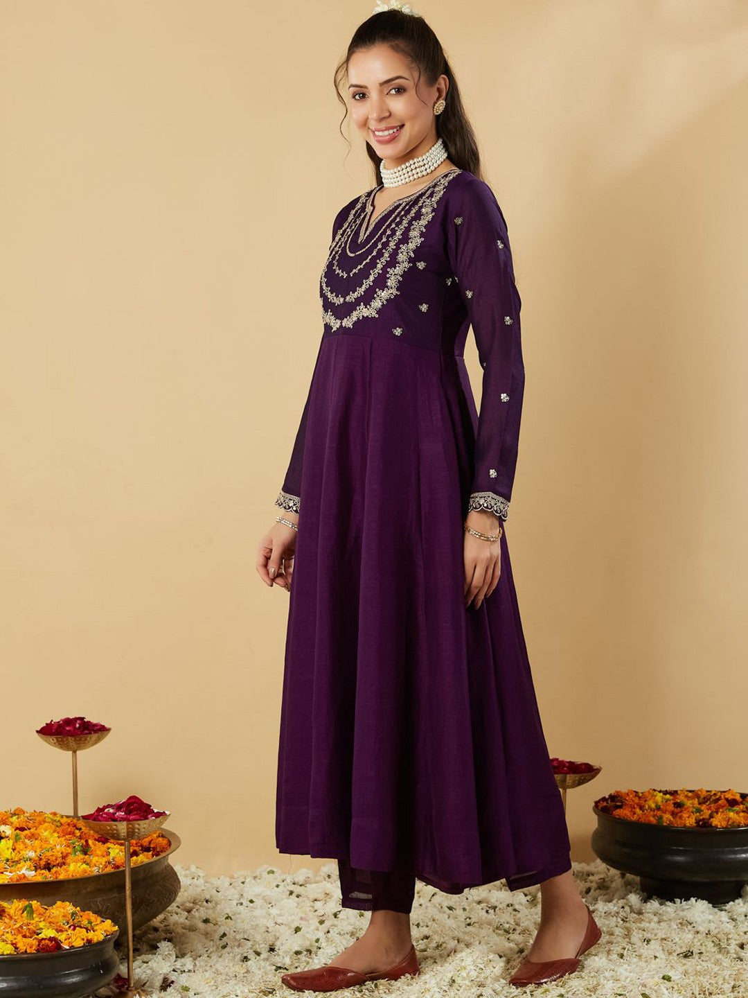 Purple Embroidered Anarkali Kurta Set with Dupatta