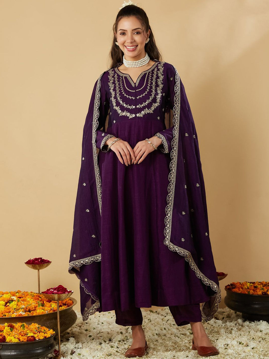Purple Embroidered Anarkali Kurta Set with Dupatta