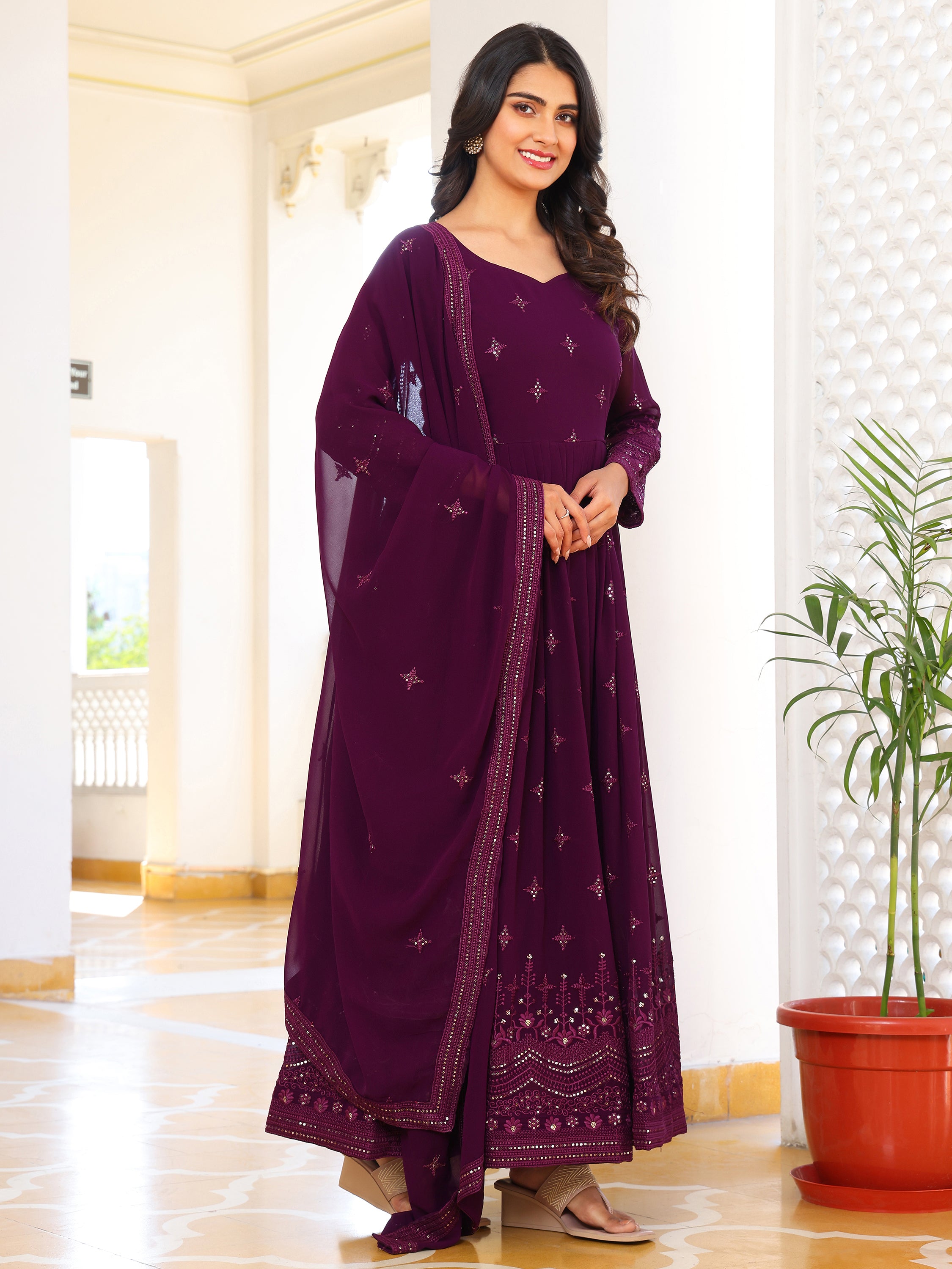 Plum Purple Anarkali Kurti with Dupatta for Women