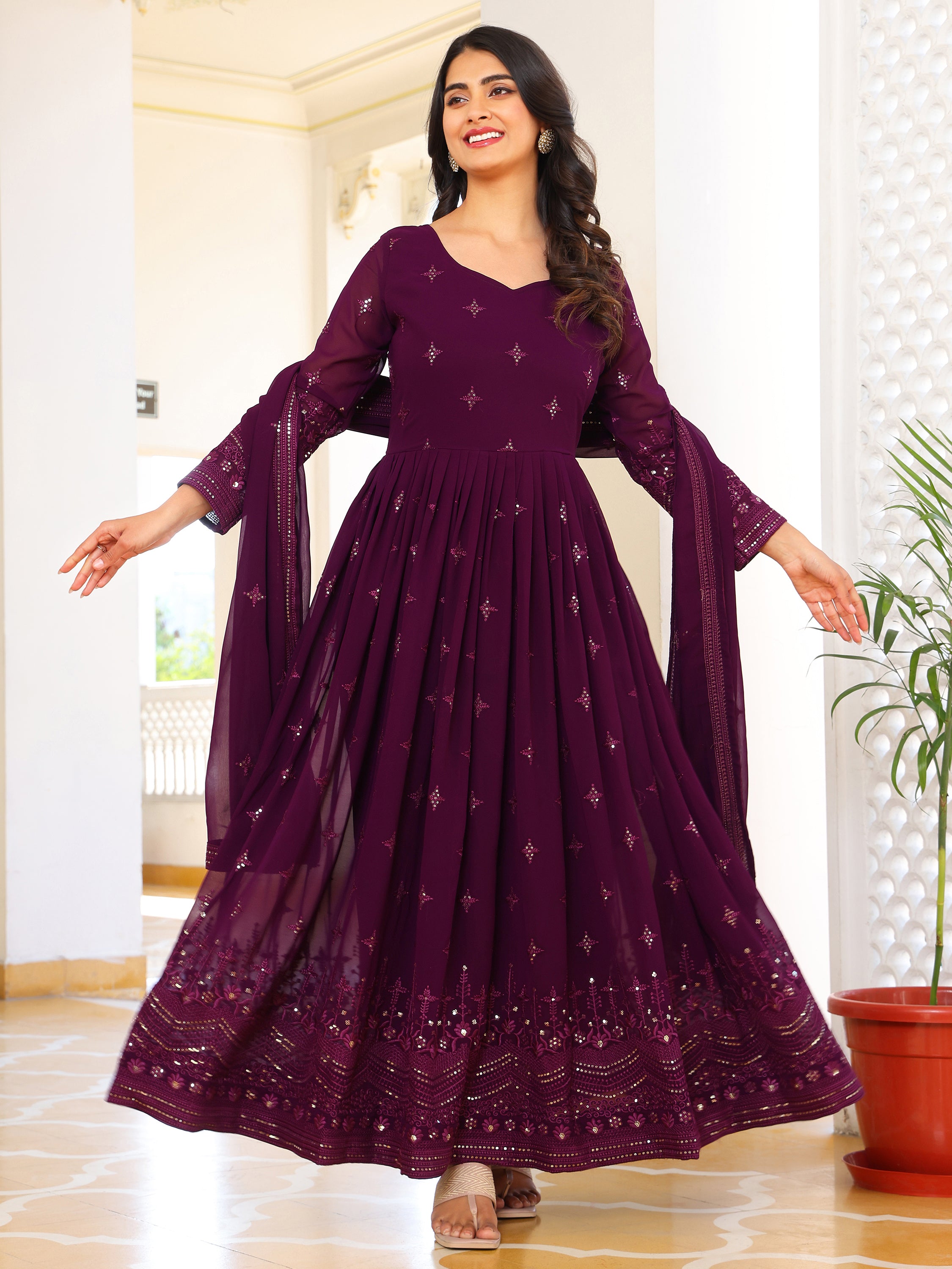 Plum Purple Anarkali Kurti with Dupatta for Women