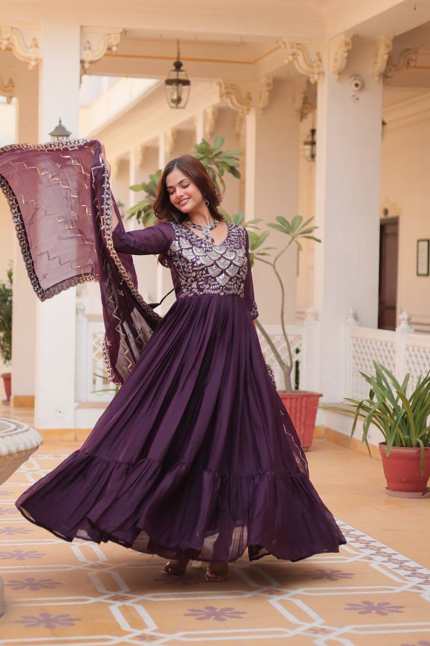 Party Wear Georgette Purple Gown With Dupatta