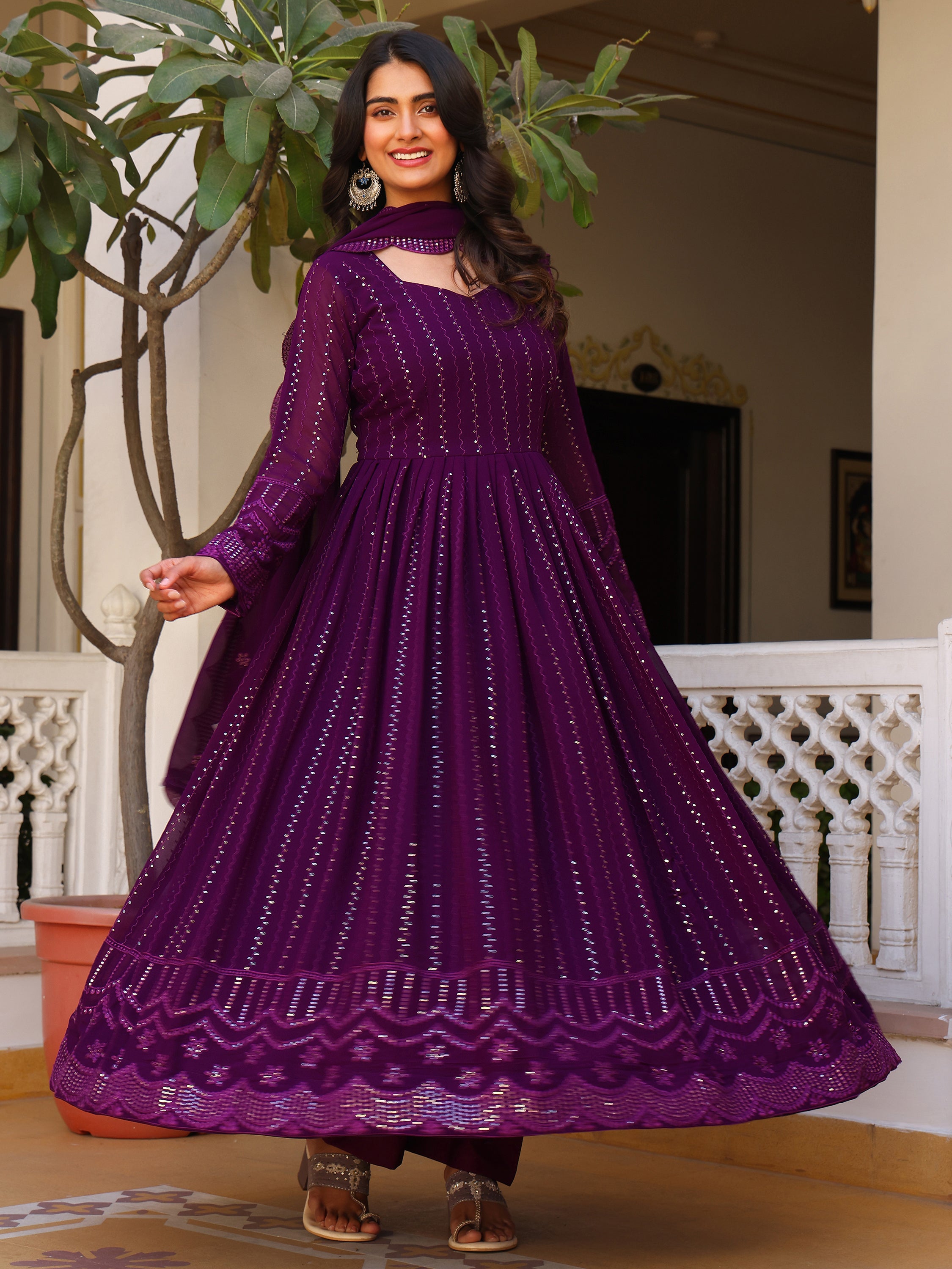 Purple Embroidered Anarkali Kurta Set for Women
