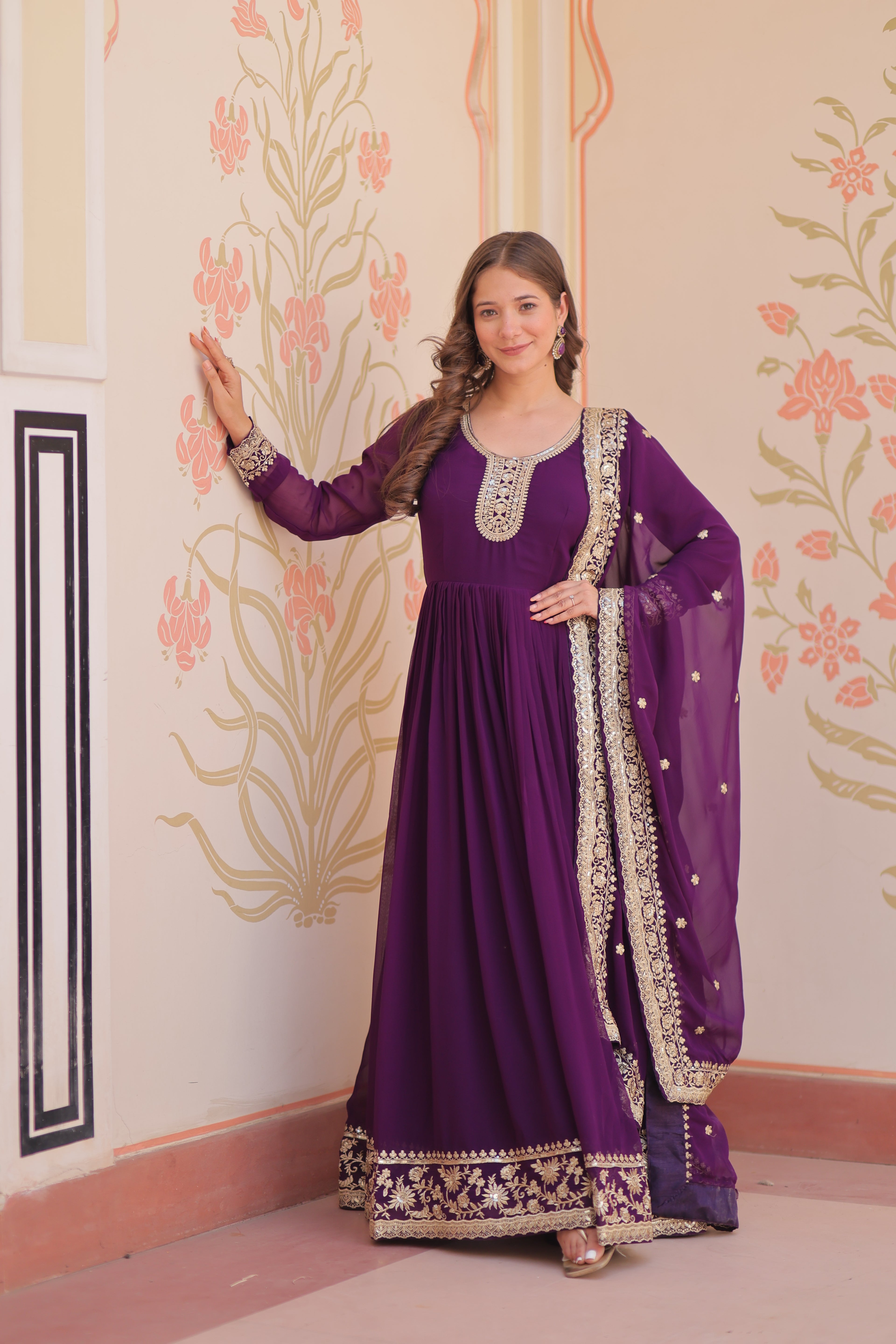 Royal Purple Anarkali Kurta Set with Heavy Embroidered Dupatta for Women