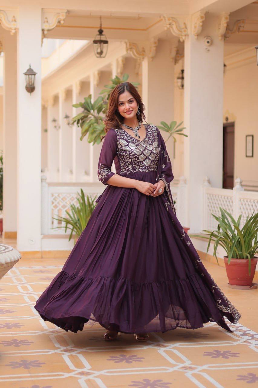 Party Wear Georgette Purple Gown With Dupatta