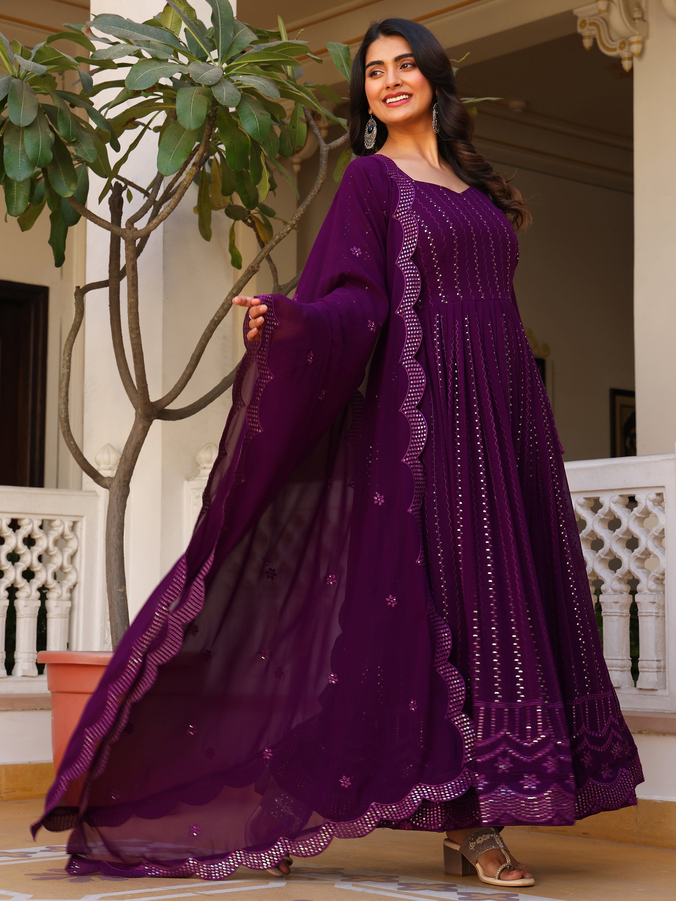 Purple Embroidered Anarkali Kurta Set for Women