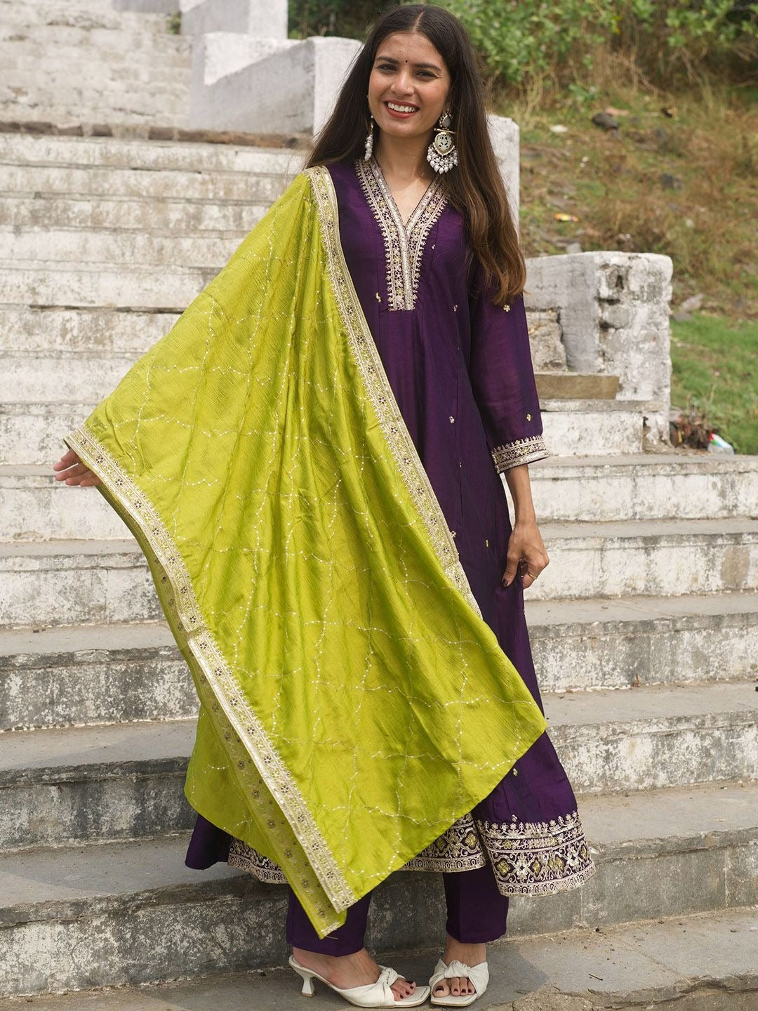 Purple Embroidered Anarkali Kurta Set with Lime Green Dupatta