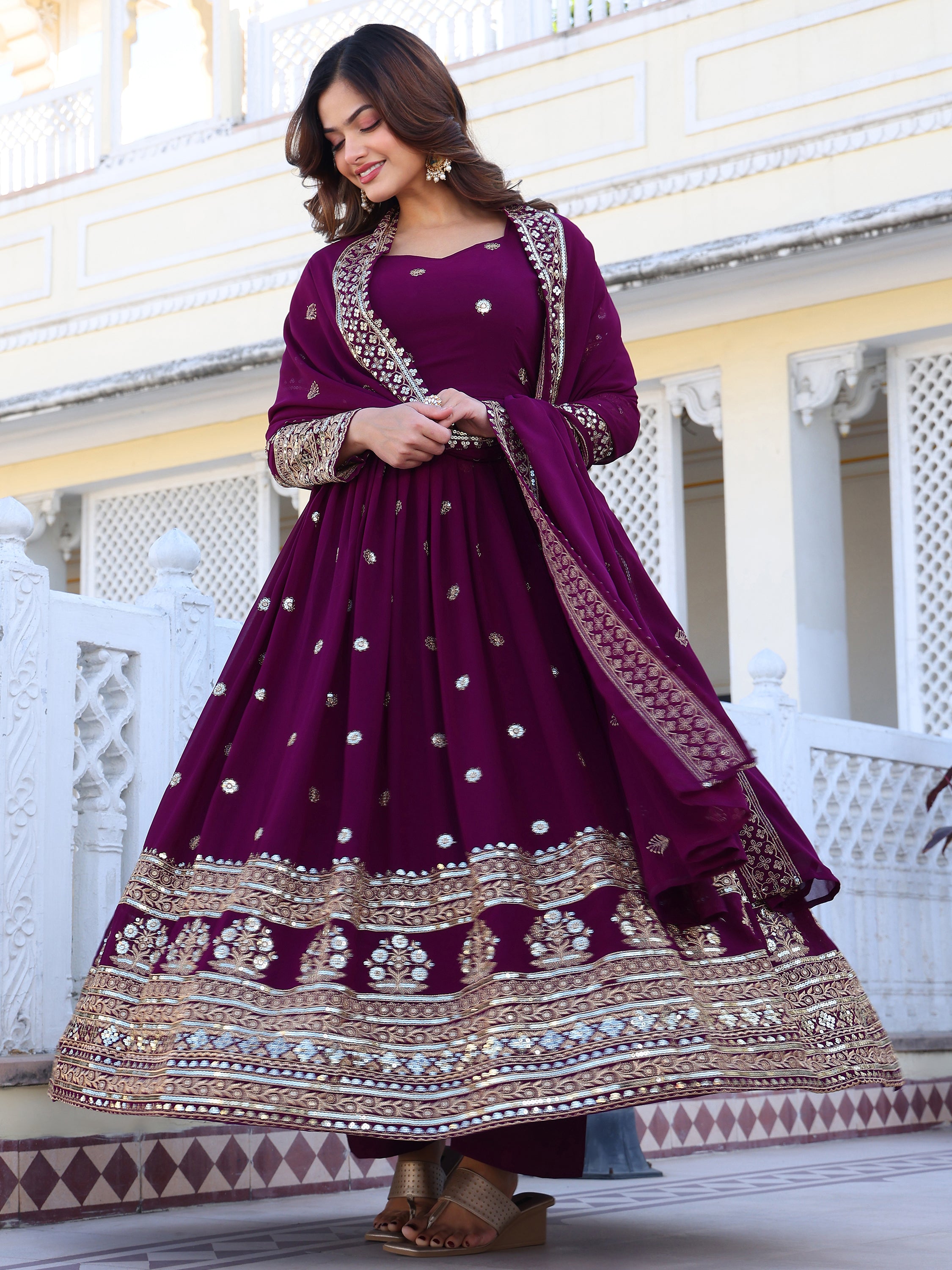 Purple Embroidered Anarkali Kurti with Dupatta for Women